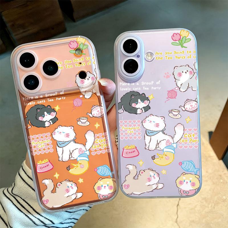 Transparent Cartoon Phone Case with Integrated Button for Apple 17/16, Frosted Edge, Compatible with 17 Pro Max, 13, 16 Pro, and Couple Designs