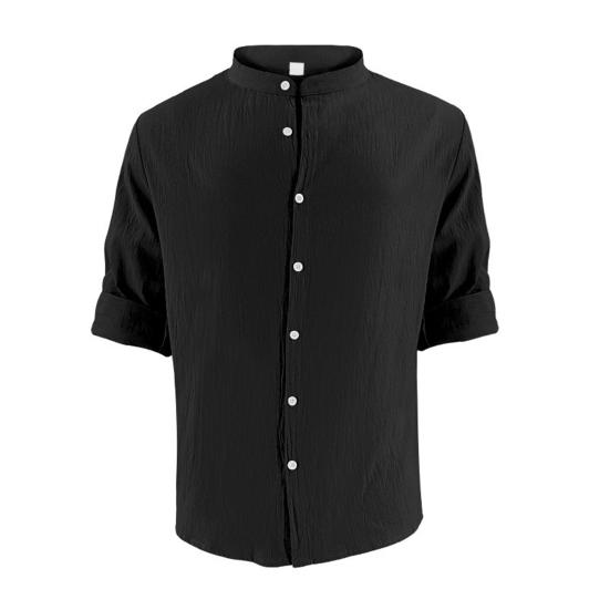 Men Cotton Shirt Long Sleeve Button Down Solid Color Shirt Henry Collar Casual Top with Adjustable Sleeves for Daily Wear Beach Vacation
