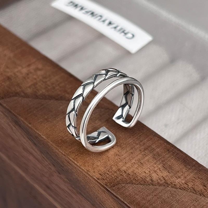 Geometric Retro Floral Ring: Double-Layer Twisted Design, Open Hollow Style, Trendy Creative Index Finger Jewelry for Women Adjustable Open