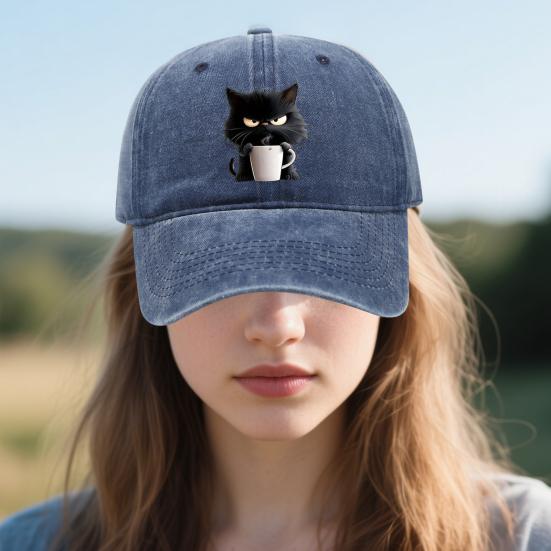 Casquette de baseball à motif chat réglable pare-soleil à bord incurvé chapeau de soleil unisexe style hip hop décontracté casquette café délavée