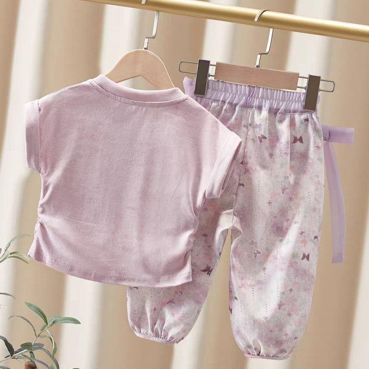 Butterfly Knot Girls' Sweet and Fashionable Tie Dye Set Summer Style Girls' Short Sleeved Lantern Pants Thin Two-piece Set