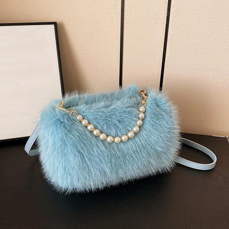 Yogodlns Winter Fashion Women's Faux Fur Shoulder Bags Candy Color Pearl Handle Crossbody Bag Small Fluffy Female Pillow Handbags