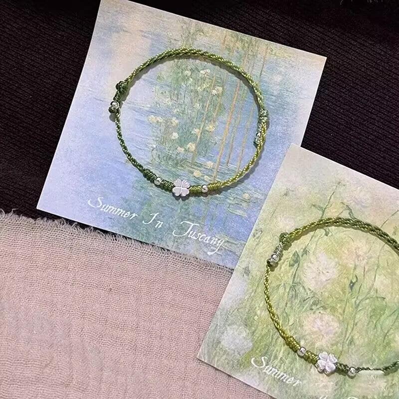 Green Four Leaf Clover Handmade Braided Rope Bracelet Delicate Lucky Bangle Jewelry Gift