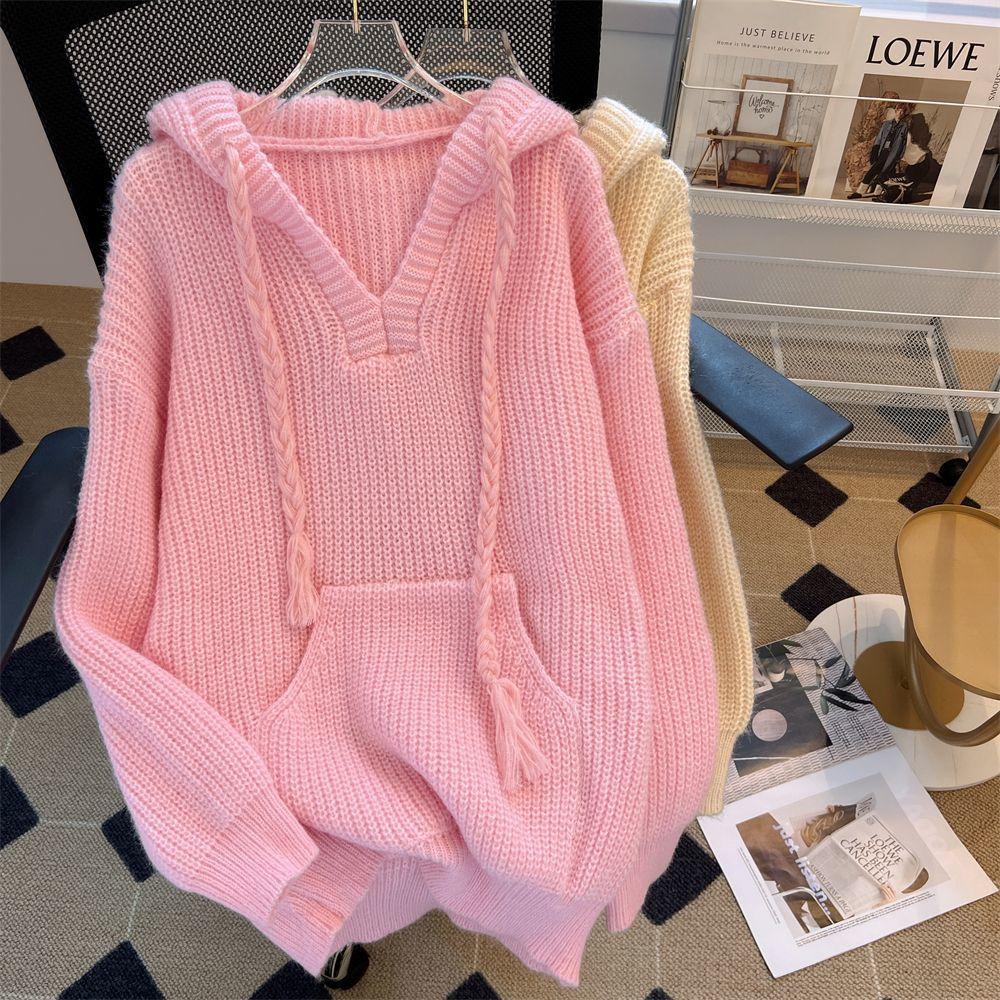 Women Hooded Knitted Sweaters Solid Simple Lace Up Loose Casual Sweet Pullovers Fashion All Match Pocket Gentle Female Jumpers