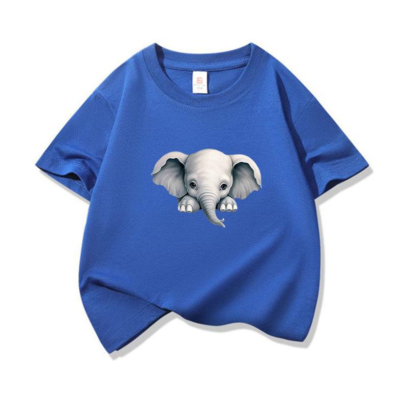 Kids Cotton T Shirt Cute Peeking Little Elephant Print Crew Neck Short Sleeve Tee Casual Breathable Boys Girls Summer Tops