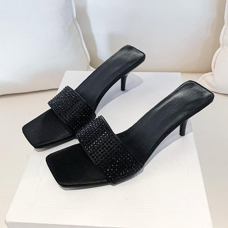 

Fashion Square Toe Rhinestone Open Toe Stiletto Cool Drag 2025 Summer New Fashion Versatile Sexy High Heel Slip Sandals Women 34