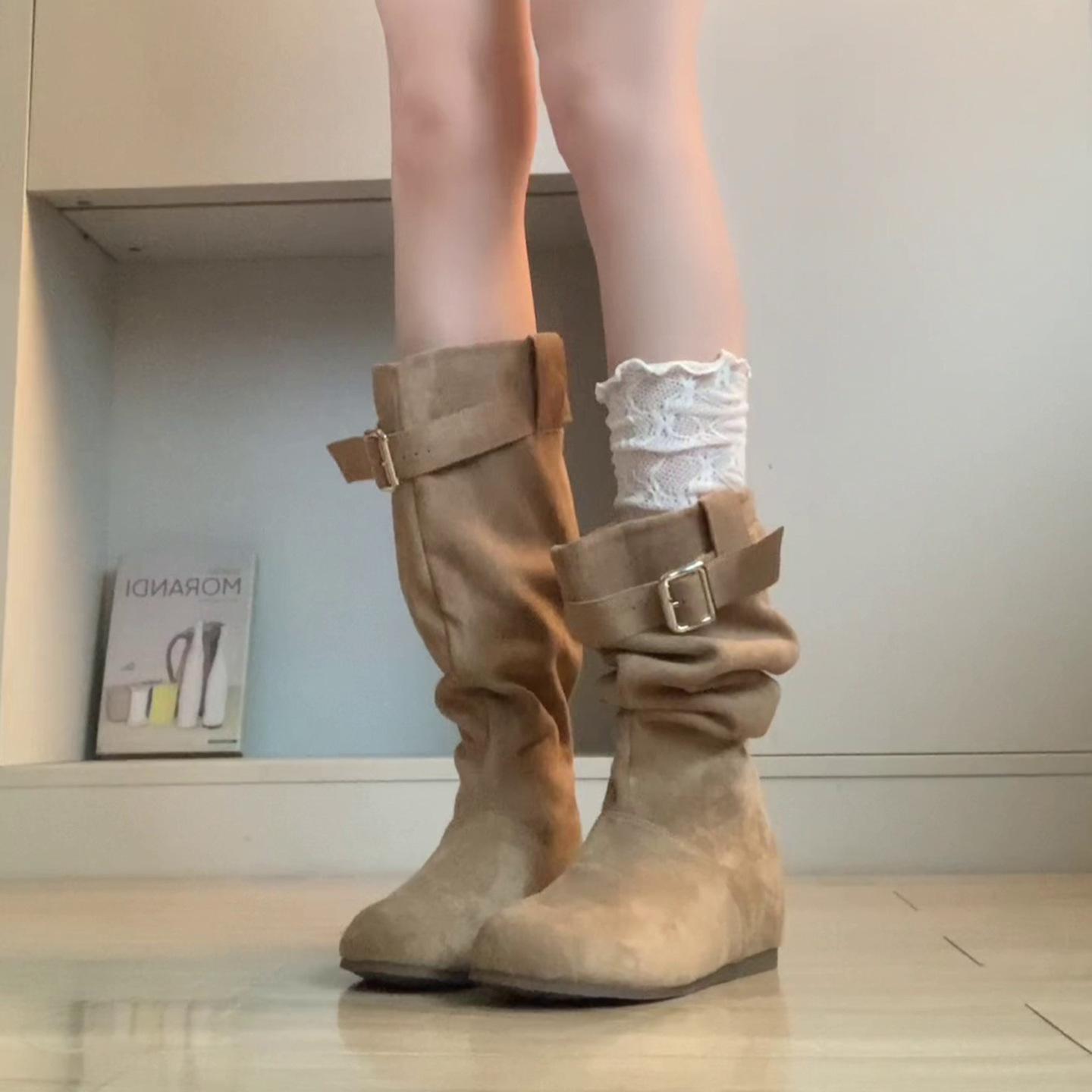 

Miyou~ Versatile pleated piled boots niche design thin round head inner height small fashion boots thin 39 хаки