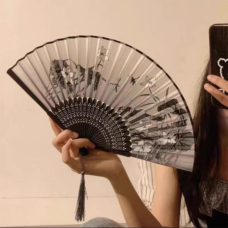 Retro Ink Orchid Silk Folding Fan Chinese Style Ancient Lotus Hand Fans Close Friend Gift Classic Hanfu Decorated Crafts