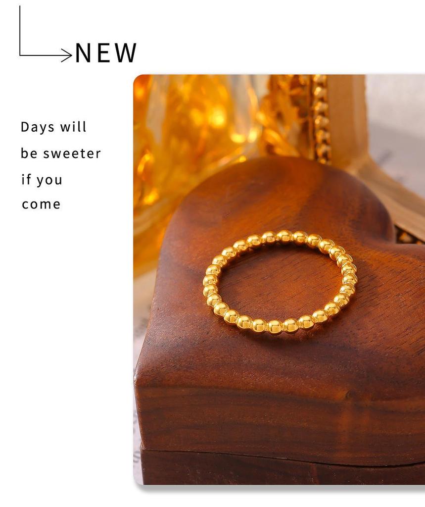 18k Gold-Plated Stainless Steel Round Bead Ring - European and American Luxury Fashion Jewelry