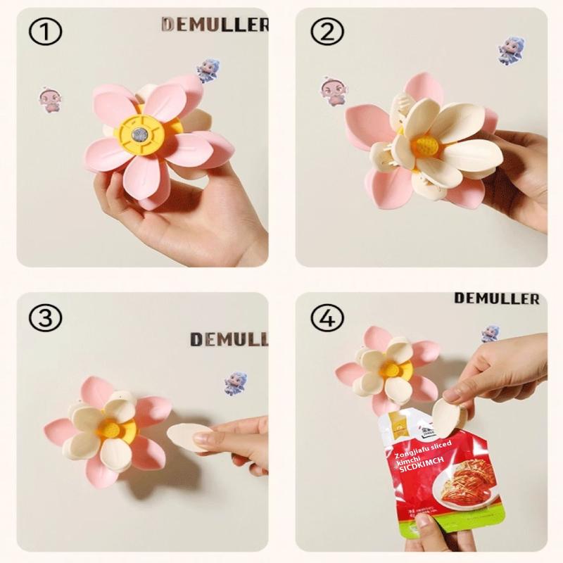 3D Purple Lotus Double Layer Magnetic Sealing Clips Fridge Magnet Food Snack Bag Holder Refrigerator Decor Kitchen Accessory