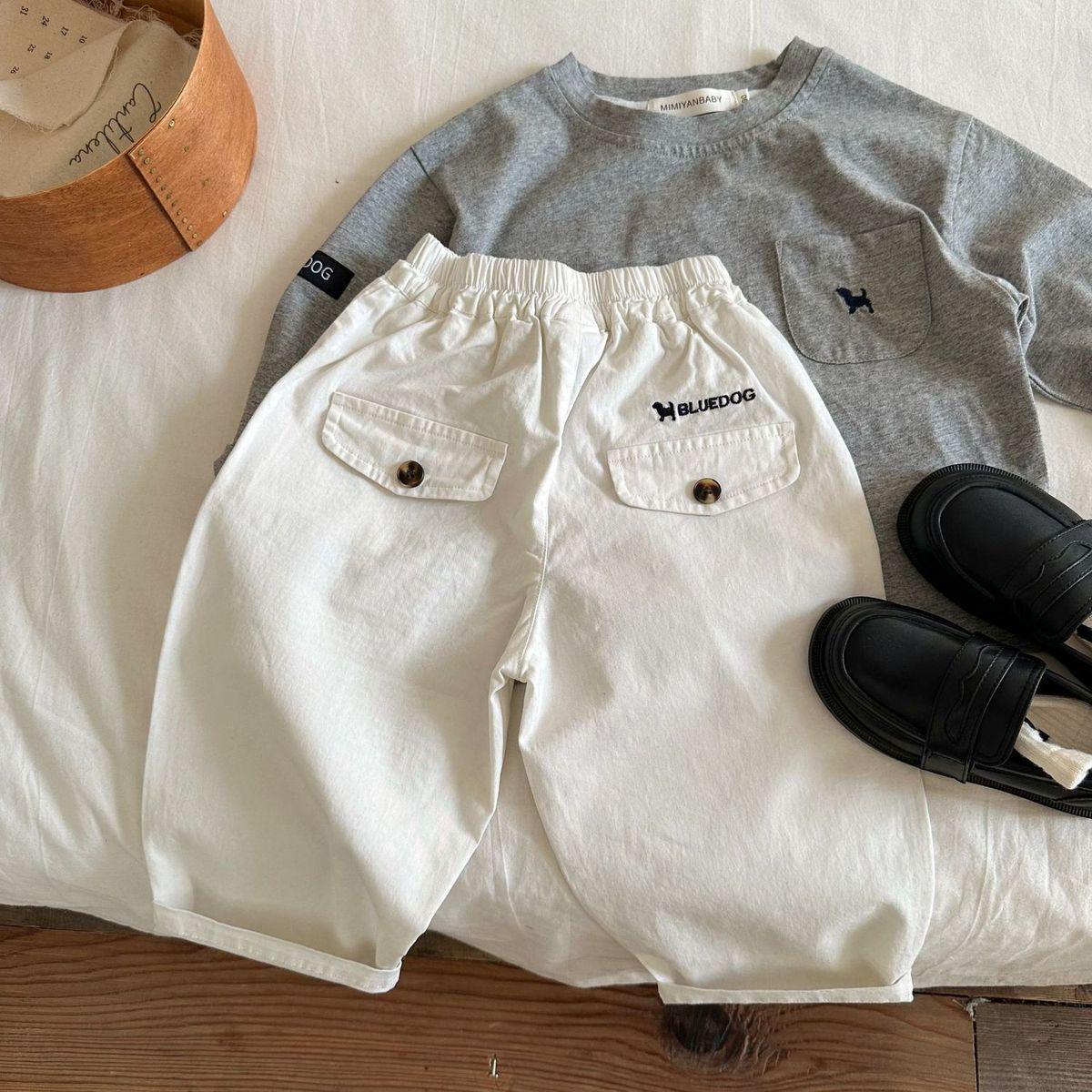 

Детские хлопковые брюки с вышивкой - Дизайн с мультяшным щенком для весны и осени Custom order starting from 2000 pieces грязно-белый