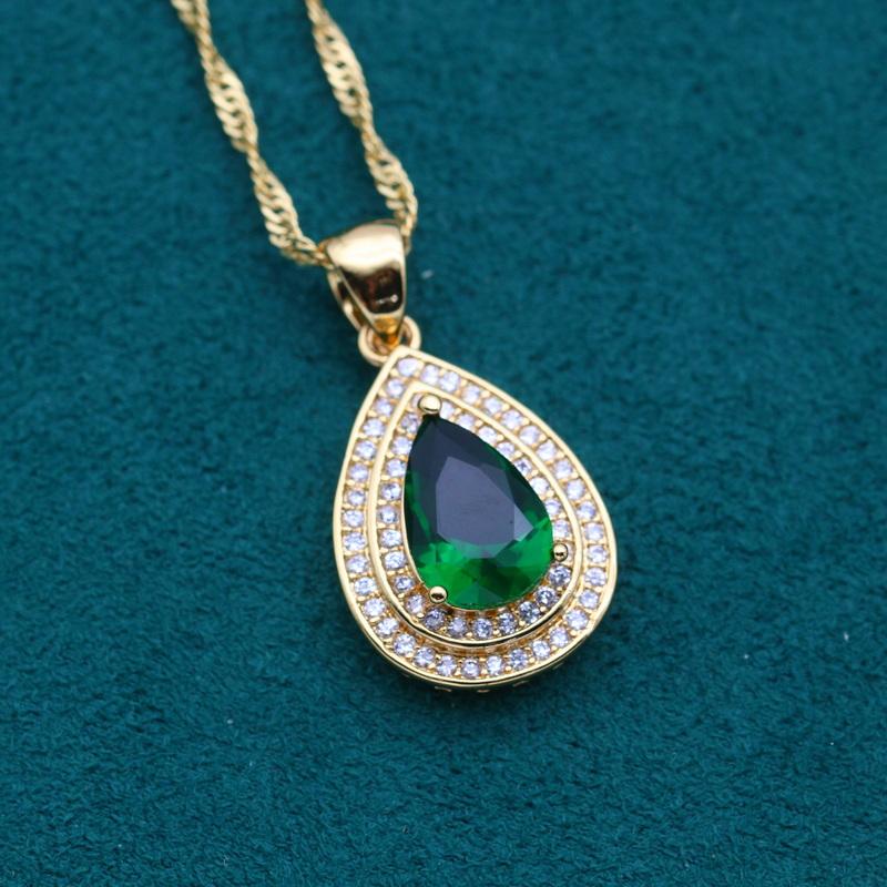 Custom 18K Gold Plated Necklace Set for Women Classic Water Drop White Zircon Pendant Ladies Gold Jewellery зелёный