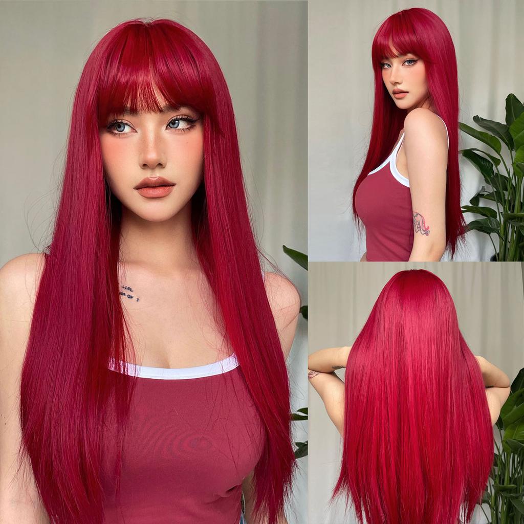 Synthetic Layered Wig Long Rose Gold Straight Wigs with Bangs Blonde Cosplay Party Natural Hair Wigs for Women Heat Resistant