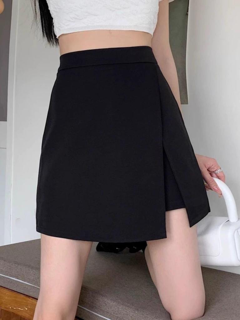 2025 Summer High-Waist Black A-line Midi Skirt - Slimming Plus Size, Hip-Hugging Design with Slit for Women