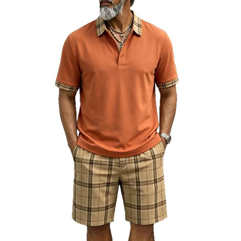 Men Casual Plaid Short Sleeve Polo Shirt And Shorts Outdoor Sports Set