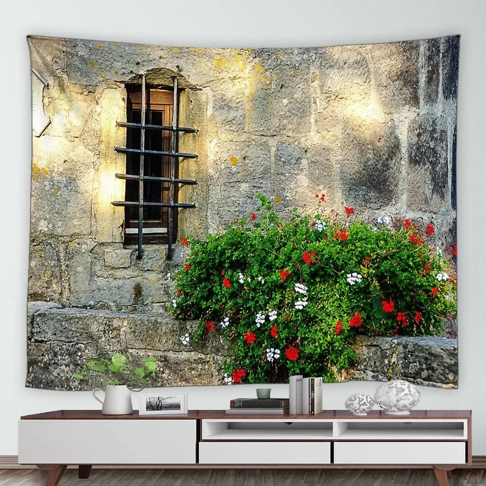 Home Decor Wall Hanging Tropical Garden Landscape Tapestry Waterfall Flower Tree Vintage Brick Vine Plant Park Natural Scenery