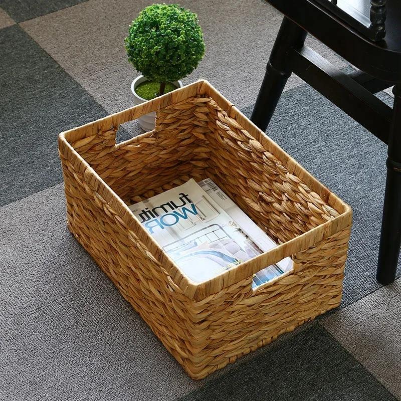 Handmade Woven Storage Box Handle Kitchen Sundry Organizer Laundry Basket Rectangular Closet Organizer Picnic Basket