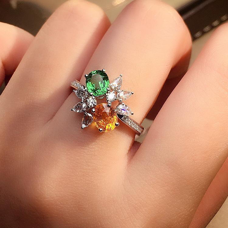 Xiaohongshu New High Quality Green Yellow Zircon Womens Ring Light Luxury Color Zircon Wedding Party Jewelry