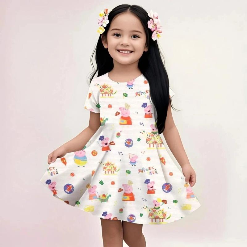 Girls Summer Fashion Sundress Peppa Pig Cute Cartoon Print Casual Beach Dress Soft Breathable Lightweight Kids Dress