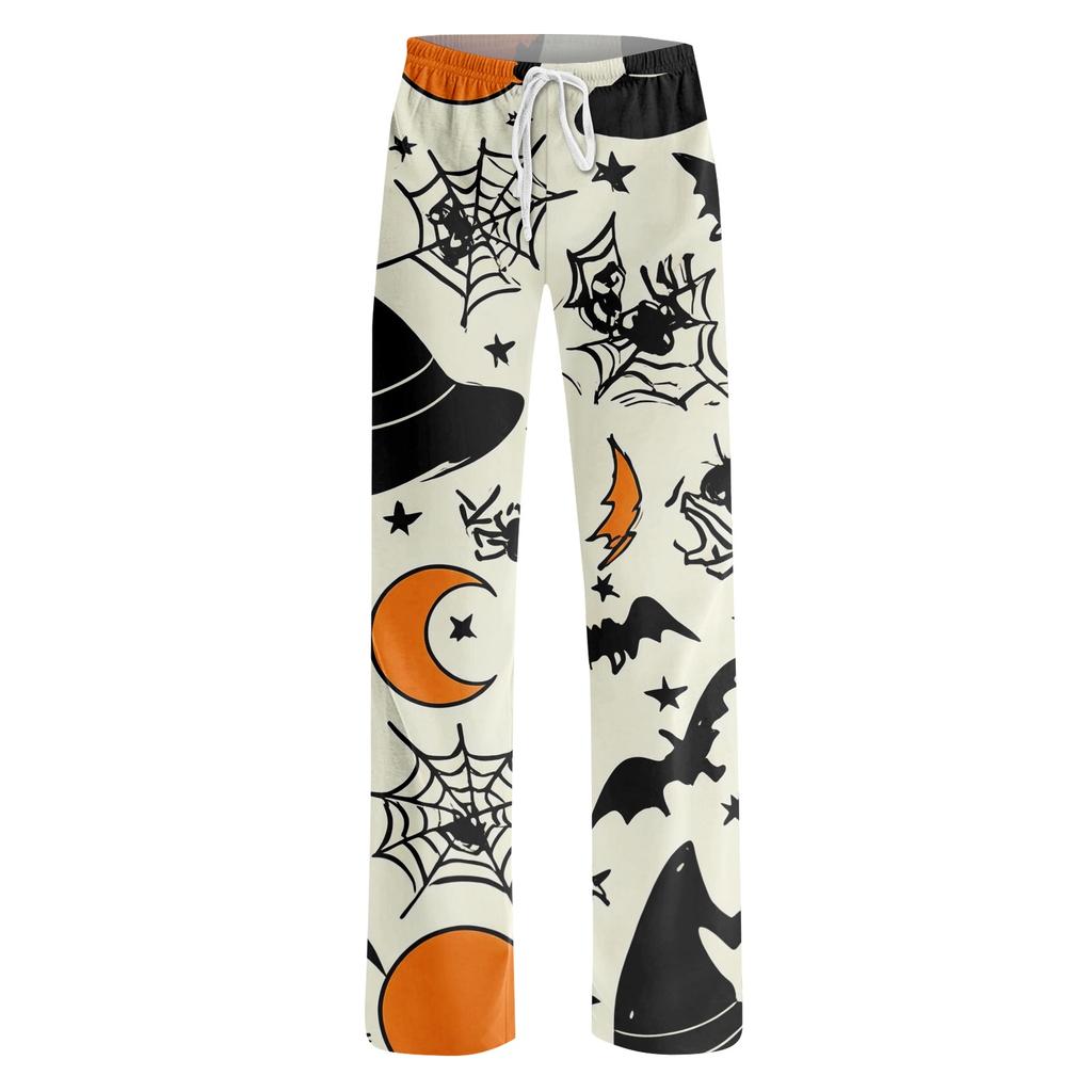 Damen Halloween Print Kordelzug Hose Lässige Lockere Passform Lounge Hose Weicher Leichter Stoff Volle Länge Pyjamahose für den Alltag