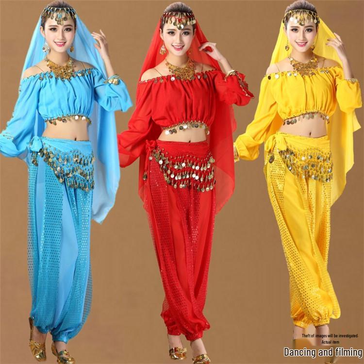 Dámský indický kostým pro břišní tanec s dlouhým rukávem pro vystoupení a praxi