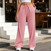 Women Pants Elastic High Waist Wide Leg Casual Trousers with Adjustable Drawstring Pockets Pure Color Loose Fit Long Pants