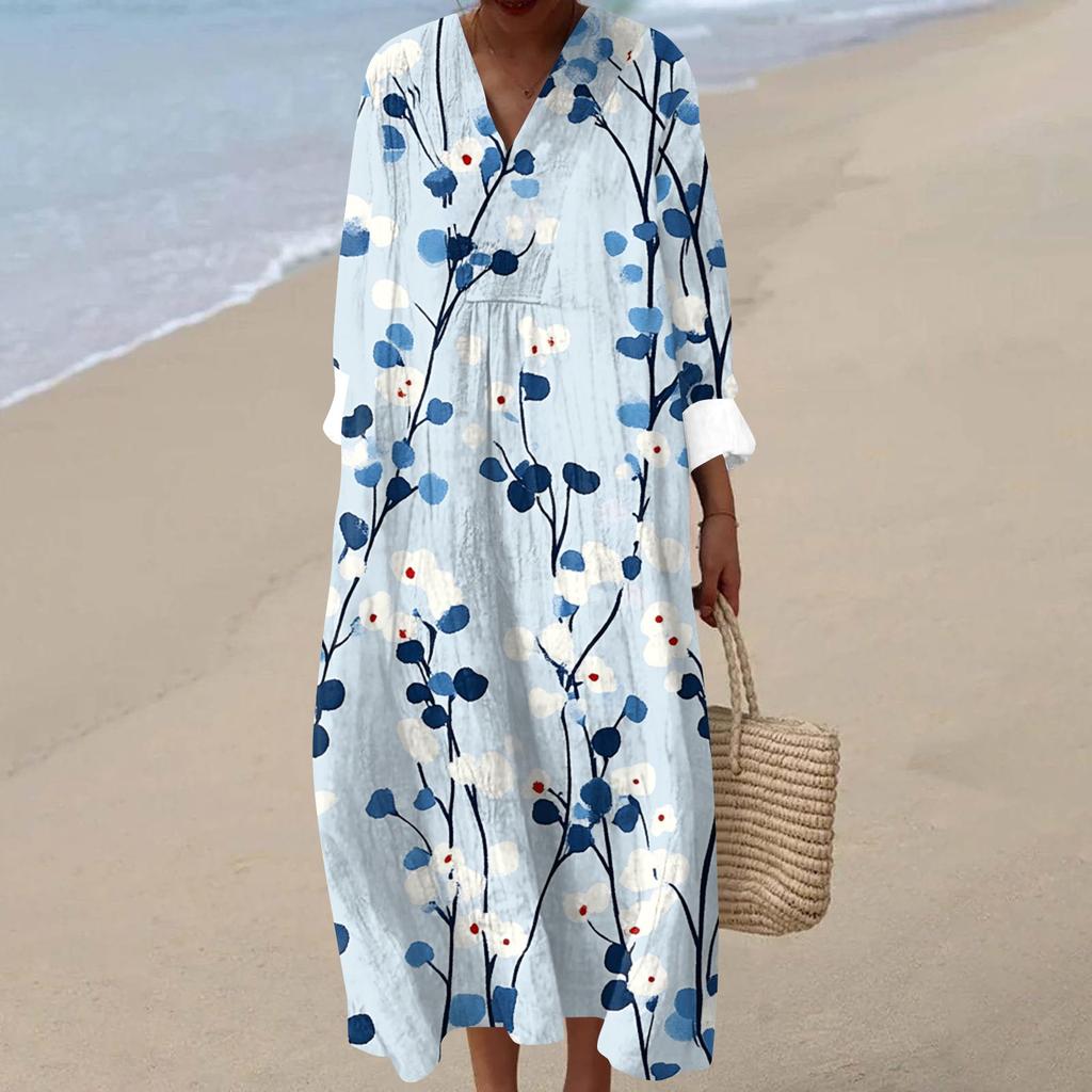 Kadın Günlük Moda V Yaka Uzun Kollu Çiçek Desenli Maksi Elbise