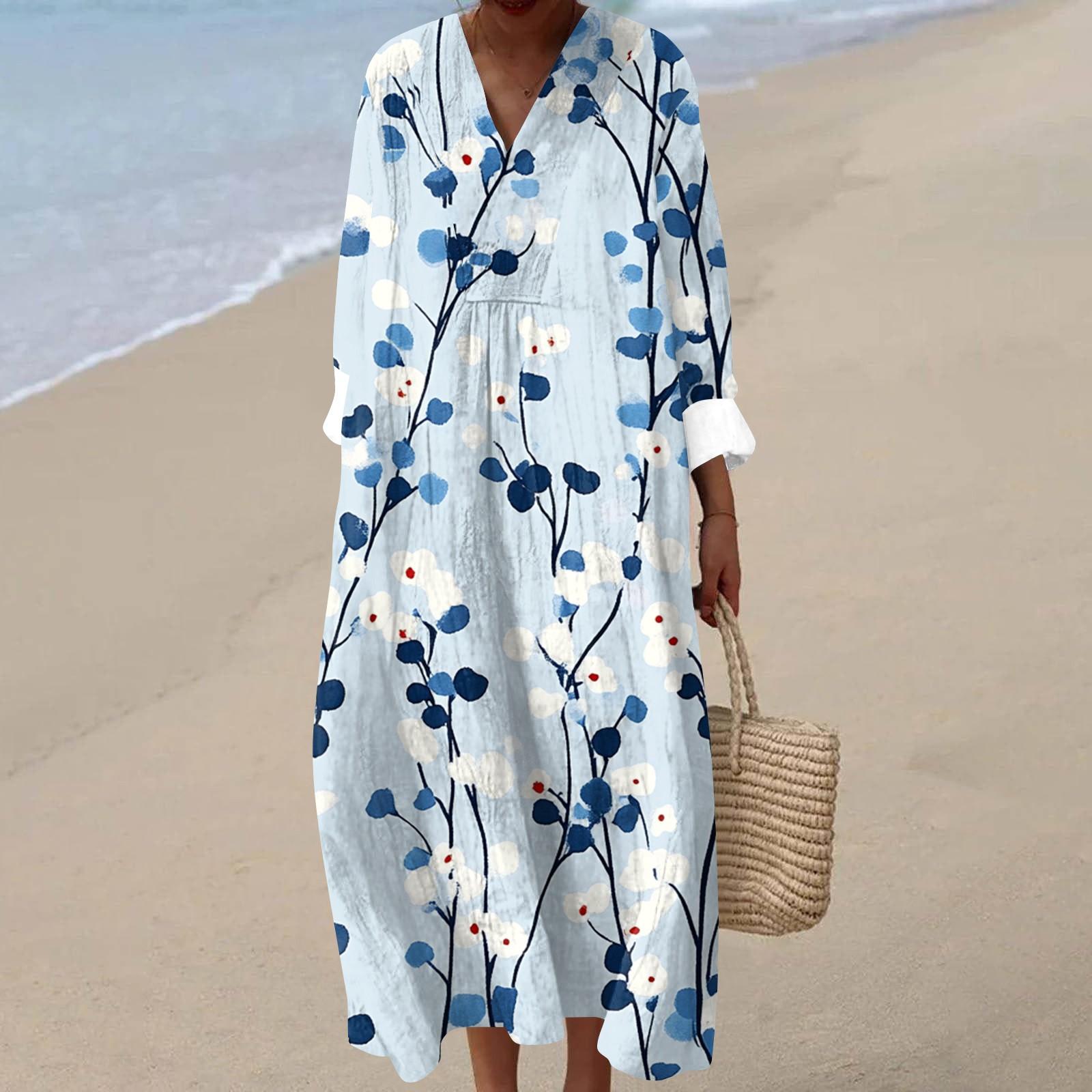 

Женское повседневное модное платье макси с V-образным вырезом и длинными рукавами с цветочным принтом L