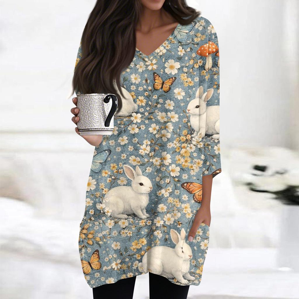 Womens Tops V-neck 3/4 Sleeve Blouses Casual Mid-length Shirts Fashion Print Tunic Tops With Pockets