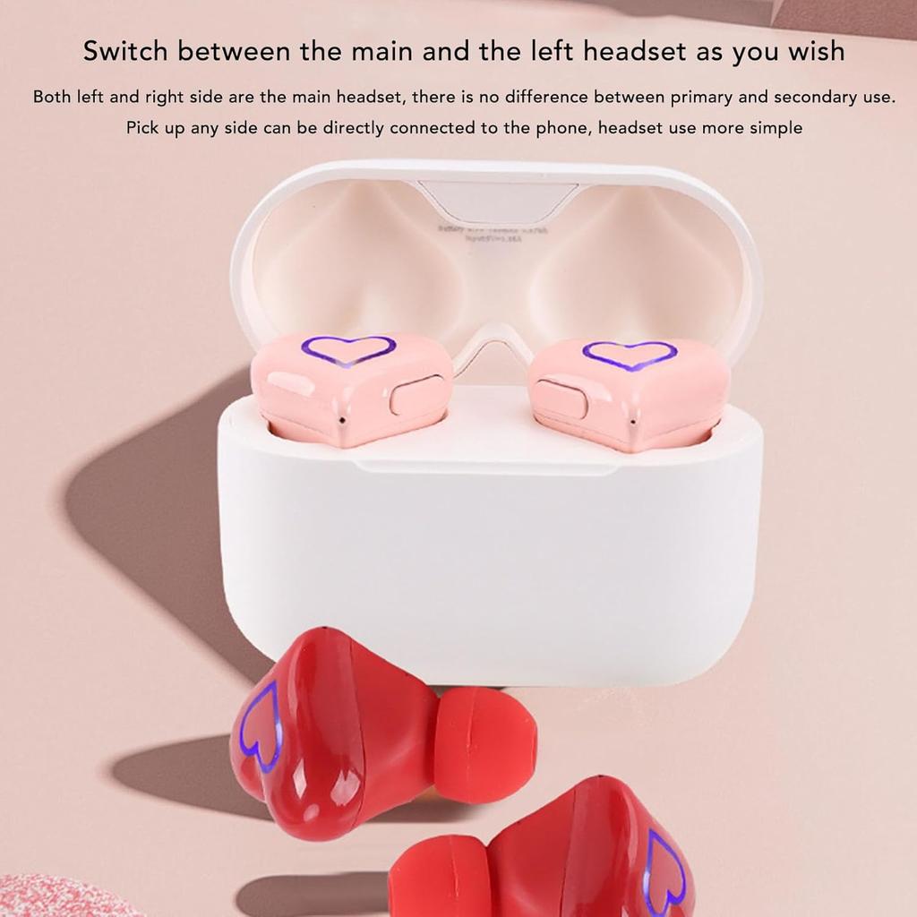 Earbuds, Heart Shaped Cordless Earbuds HiFi Stereo Sound Cute, Stereo Sound Built in Mic 5.3 Cordless Headphones (Red)