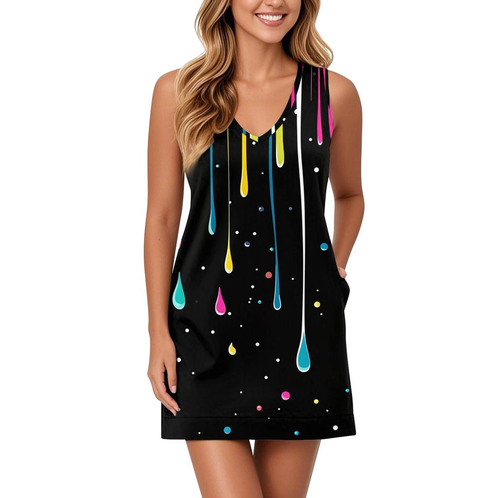 Women's V-neck Sundress Sleeveless Casual Floral Print Dress With Pockets