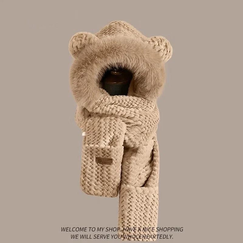 Женский милый вязаный зимний набор 3-в-1 с мишкой