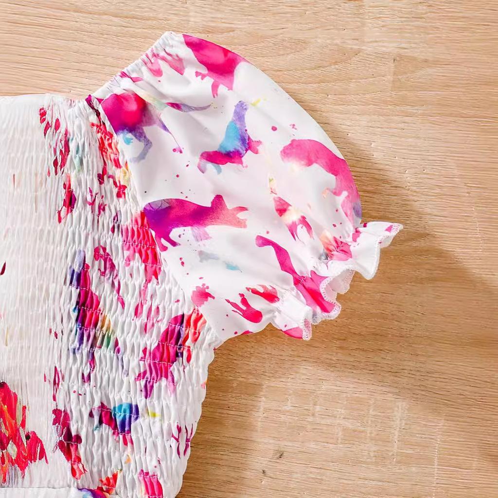 Girls' Waisted Cartoon Dinosaur Print Dress Summer Fashion Dress for Children