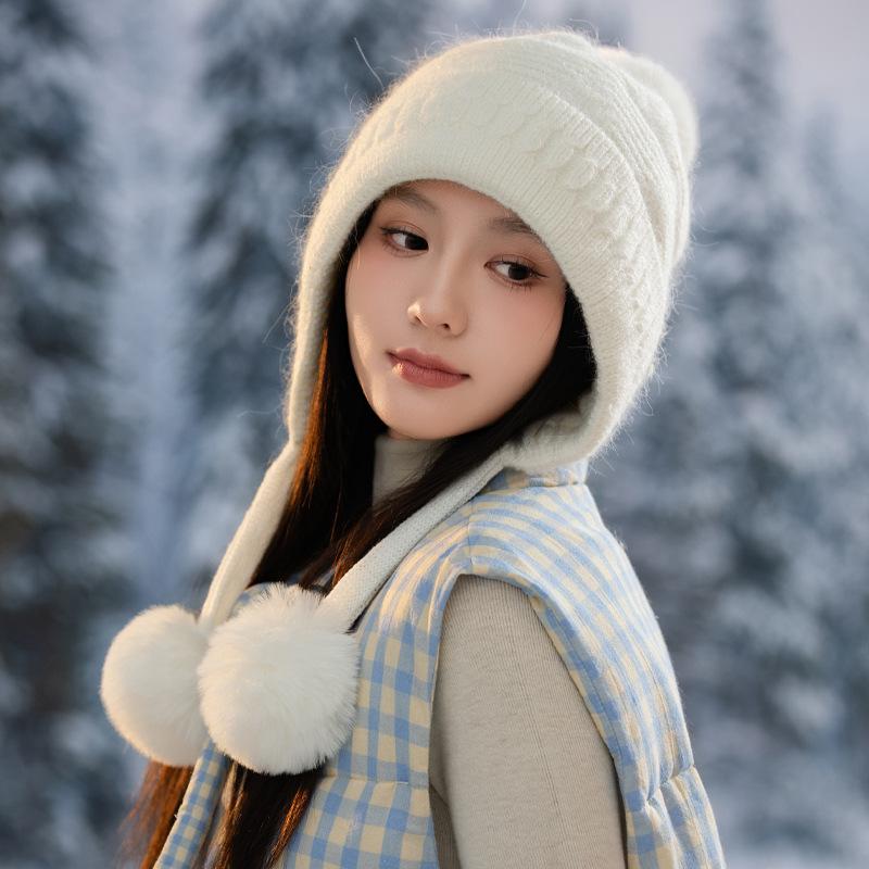 Sweet and Cute Triangle Striped Rabbit Fur Plus Velvet Warm Hat Autumn and Winter Fashion Casual Wool Hat Outdoor Cold Hat Korean