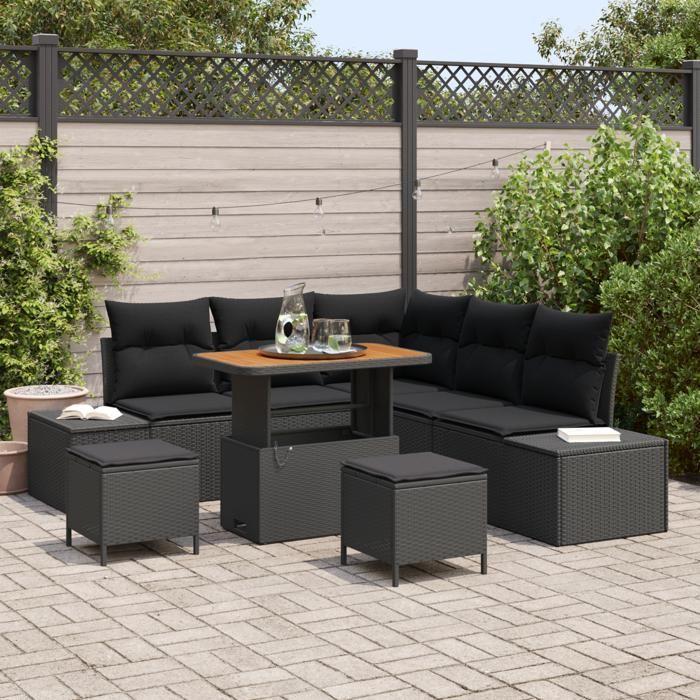 Ensemble de canapé de jardin 8 pièces avec coussins noir poly rattan acacia, Canapé de jardin 2 places avec coussins noir 3362784