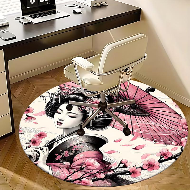 Japanese Geisha, Chair mat Round Rug Office carpet, Machine Washable, Non slip, Suitable for Living Rooms, Bedrooms
