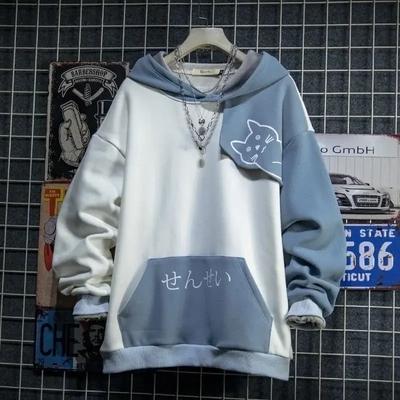 Japanischer Stil Frühling Herbst Herren Hoodie Kapuze Niedlicher Katze Druck Patchwork Teenager Hoodies Mode Anime Harajuku Herren Sweatshirt
