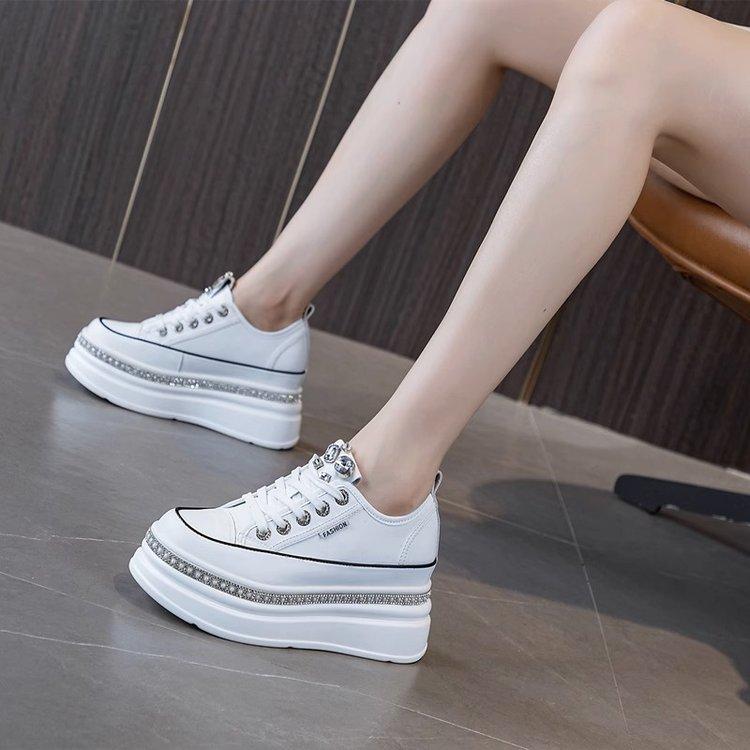 Women's Spring Fall White Sneakers Thick Bottom Muffin Inner Height Increase Rhinestone Decor Casual Sports Shoes