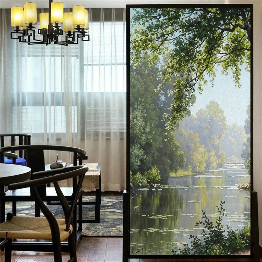 Green Plant Pattern Privacy Windows Film No Glue Static Cling Decorative Stained Glass Window Stickers