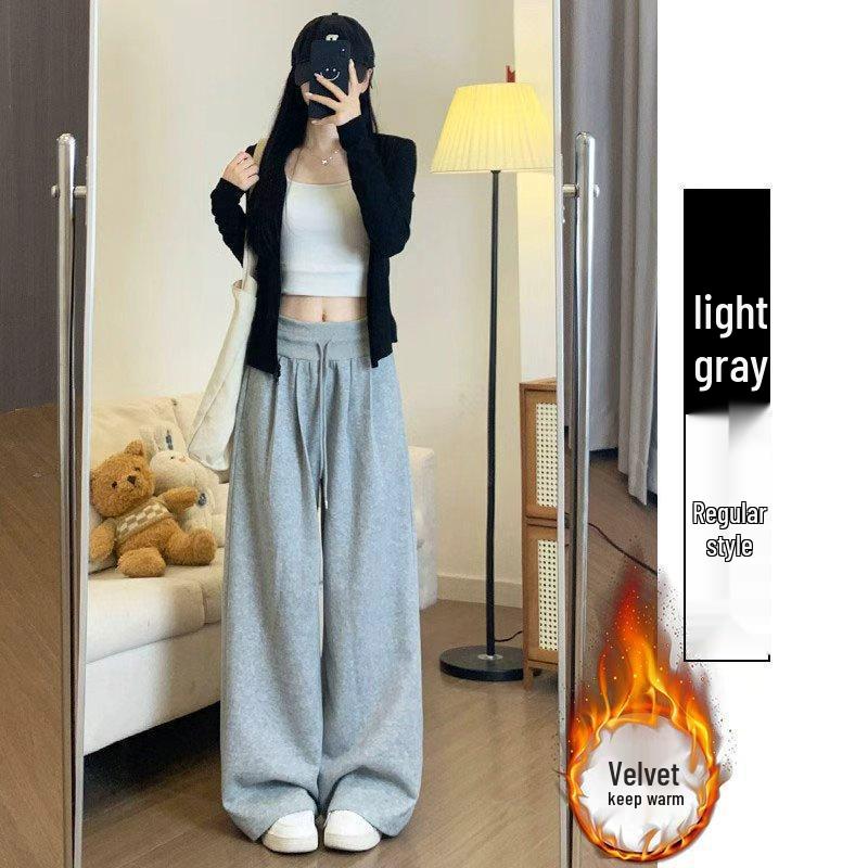 Women's Plus Velvet High-Waisted Wide-Leg Pants - Autumn/Winter Thickened Curve Drape Casual Wear