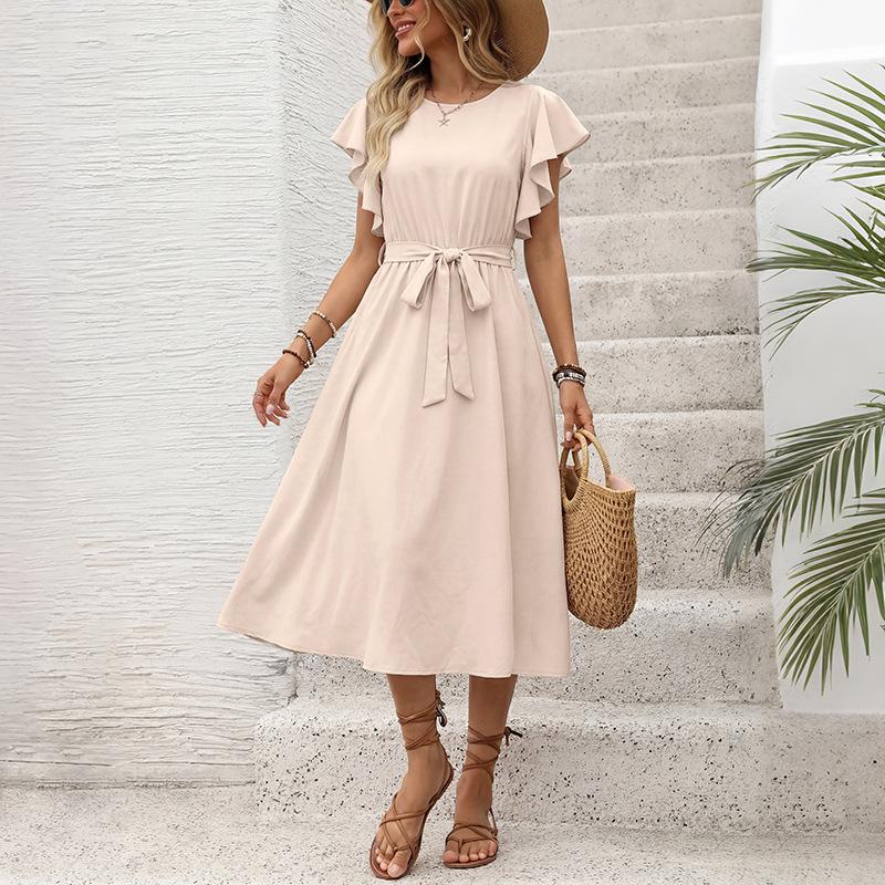 Spring/Summer New Style Solid Color Simple Casual Comfortable Dress with Belt Aline Skirt for Women