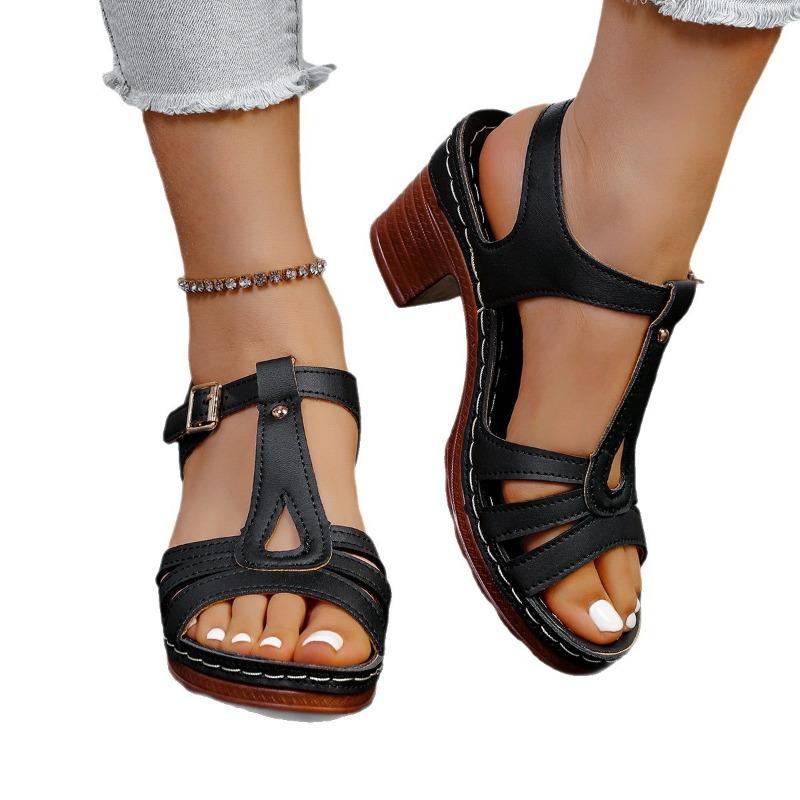Large size women's new summer one-word buckle sandals, metal buckle thick high-heeled comfortable sandals