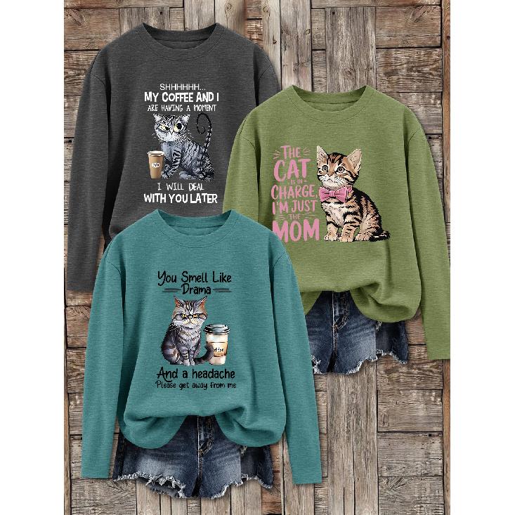 3Women's long-sleeved top (sold individually) T shirt suit | Cat Coffee Fun Letter Print Theme | Watercolor cartoon style round neck top | Elegant