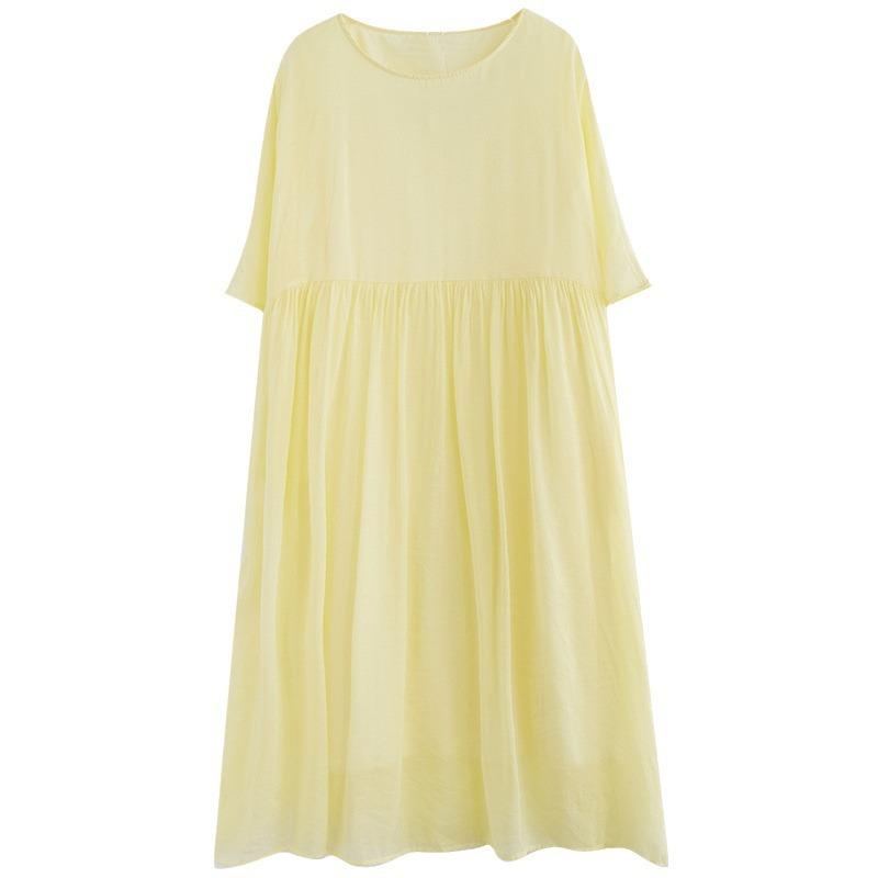 2025 summer new cotton and linen dress fine wrinkle texture double layer yellow fairy dress casual loose dress