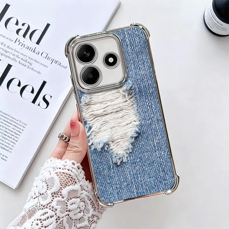 Retro Denim Pattern Soft Phone Case For Xiaomi Redmi Note 14 15 Pro Plus 13 12 11S 11T 5G 10 9S 9 Plating Anti-Fall Fundas