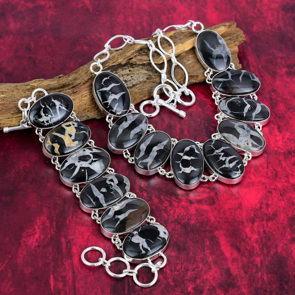 Septarian Fossil Designer Jewelry, 925 Solid Sterling Silver Bracelet & Necklace, Handmade Beautiful Jewelry,For Anniversary Gift