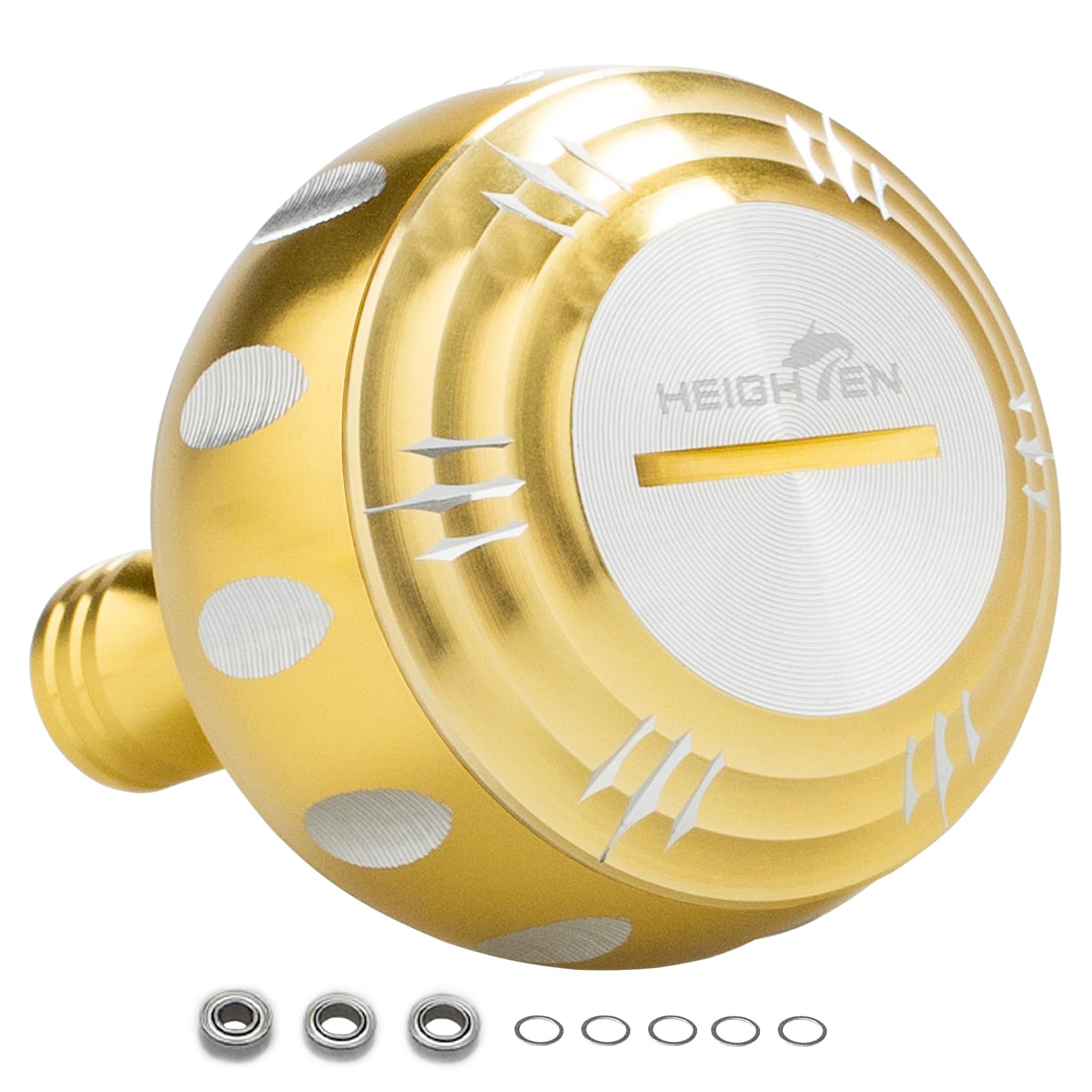 

HEIGHTEN 45mm Power Reel Handle Knob, 4 Colors, Compatible with Shimano B-Type and Daiwa L-Size, Harmer Series (Gold/Silver, 45mm) (84)