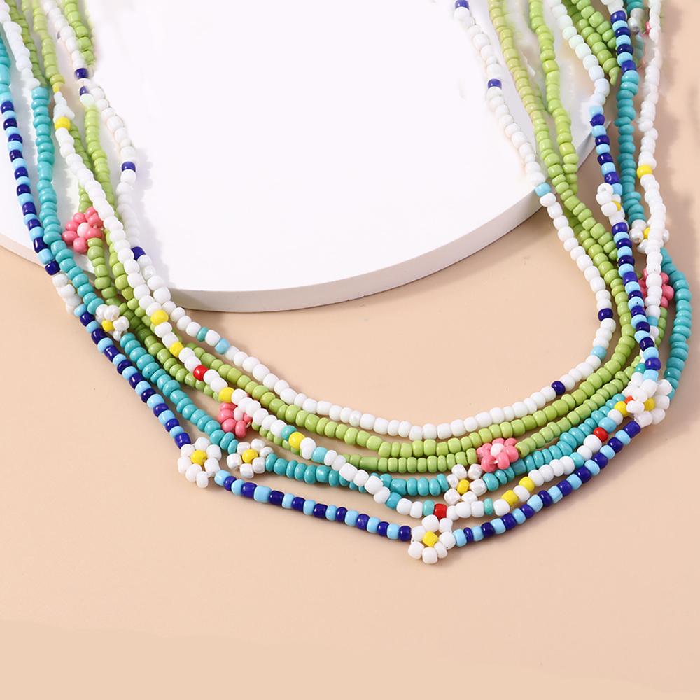 Summer Boho Korea Lovely Flowers Seeds Beaded Necklace Statement Short Collar Choker Necklace for Women Vacation Jewelry Gifts