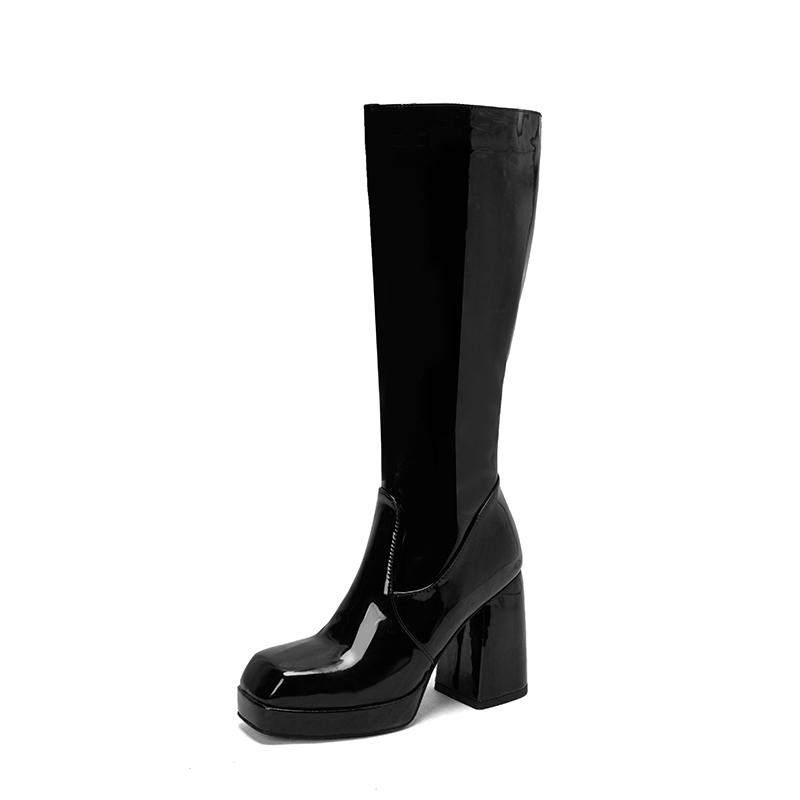 Silver Gold Knee High Boots Women 2024 Four Seasons 10cm Chunky Heels Shoes Square Toes Long Booties Big Size 48 Botas Mujer