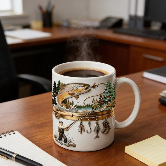 Hooked on Fishing Ceramic Mug 2D Flat Printing Tea Coffee Cup Funny Gifts for Men Dad Husband Fishing Sailing Lovers